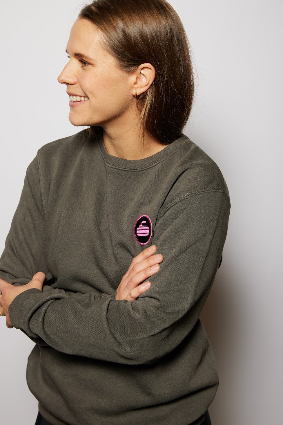 Curling Rock - Washed Charcoal Crewneck Sweater with Patch