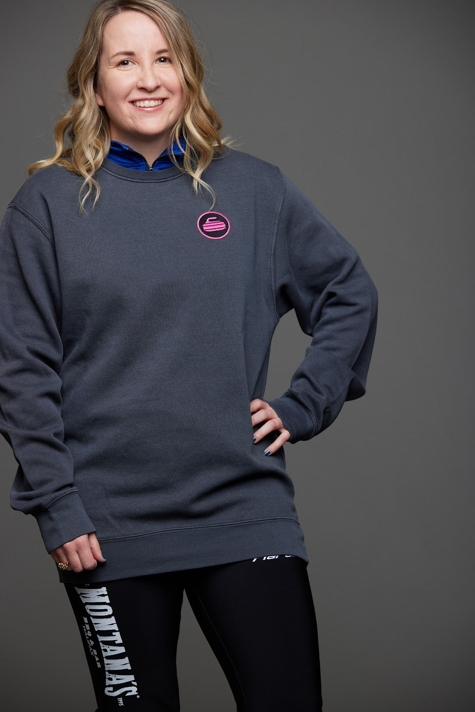 Curling Rock - Washed Black Crewneck Sweater with Patch