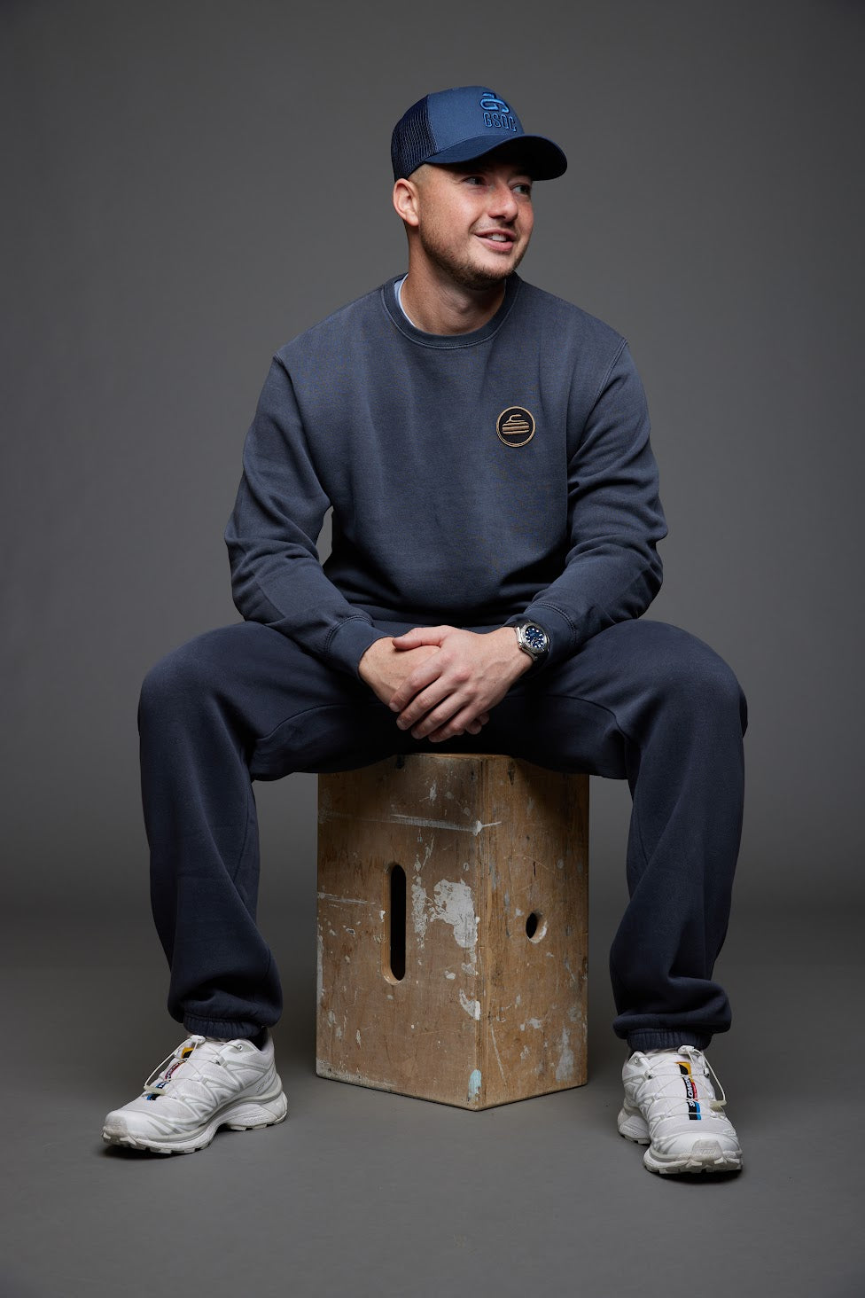 Curling Rock - Washed Black Crewneck Sweater with Patch