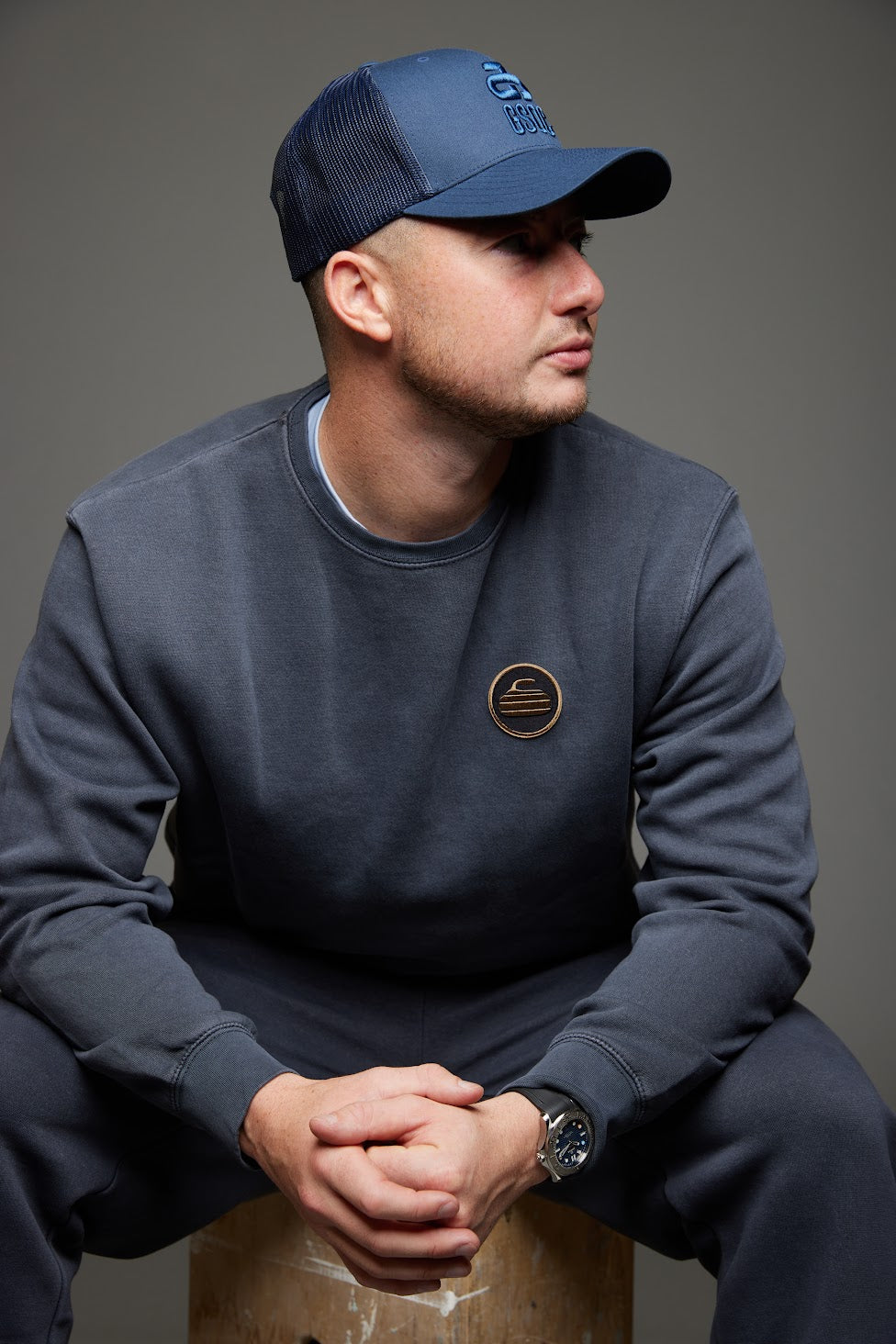 Curling Rock - Washed Black Crewneck Sweater with Patch