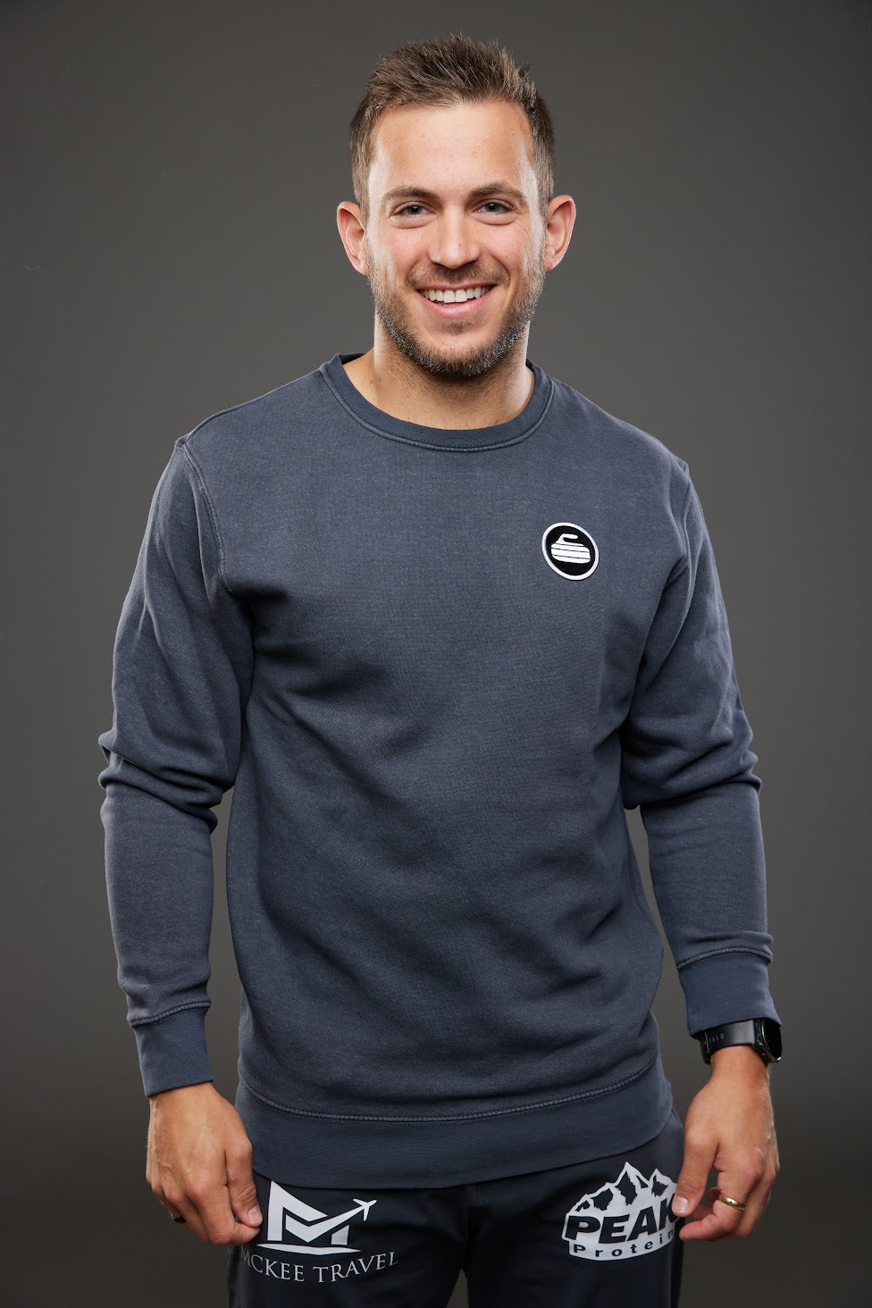 Curling Rock - Washed Black Crewneck Sweater with Patch