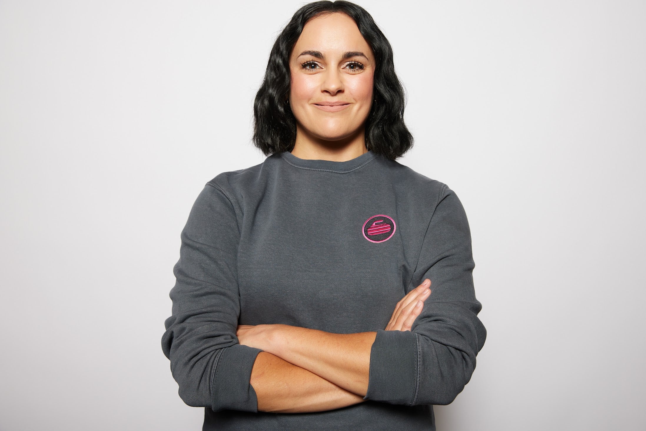 Curling Rock - Washed Black Crewneck Sweater with Patch