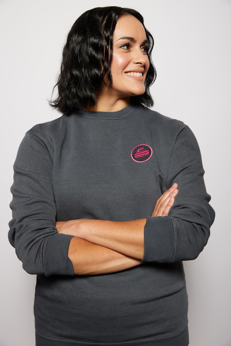 Curling Rock - Washed Black Crewneck Sweater with Patch