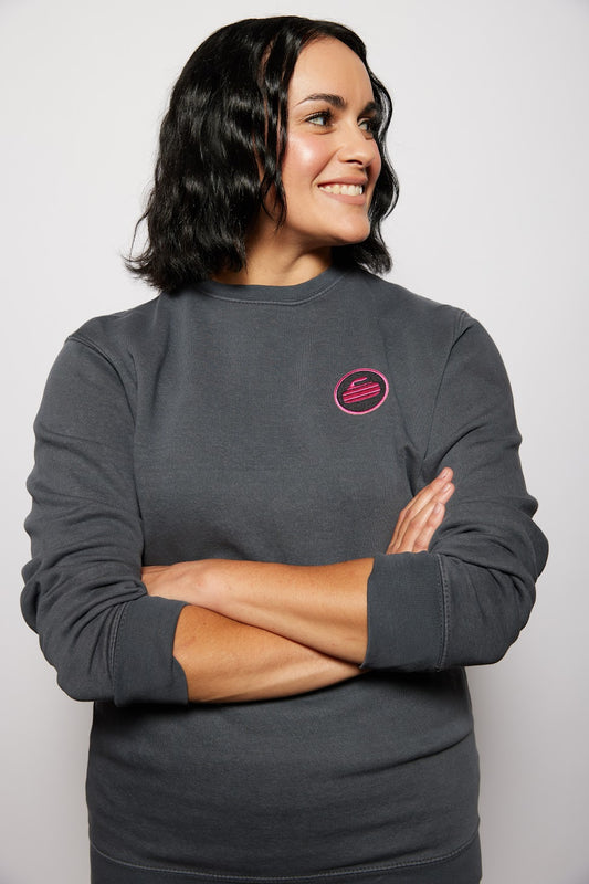 Curling Rock - Washed Black Crewneck Sweater with Patch