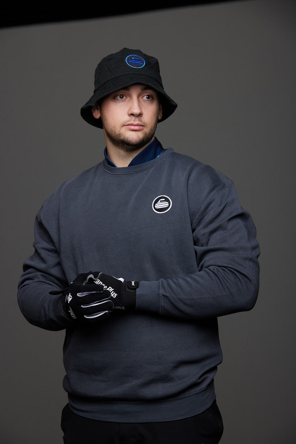Curling Rock - Washed Black Crewneck Sweater with Patch
