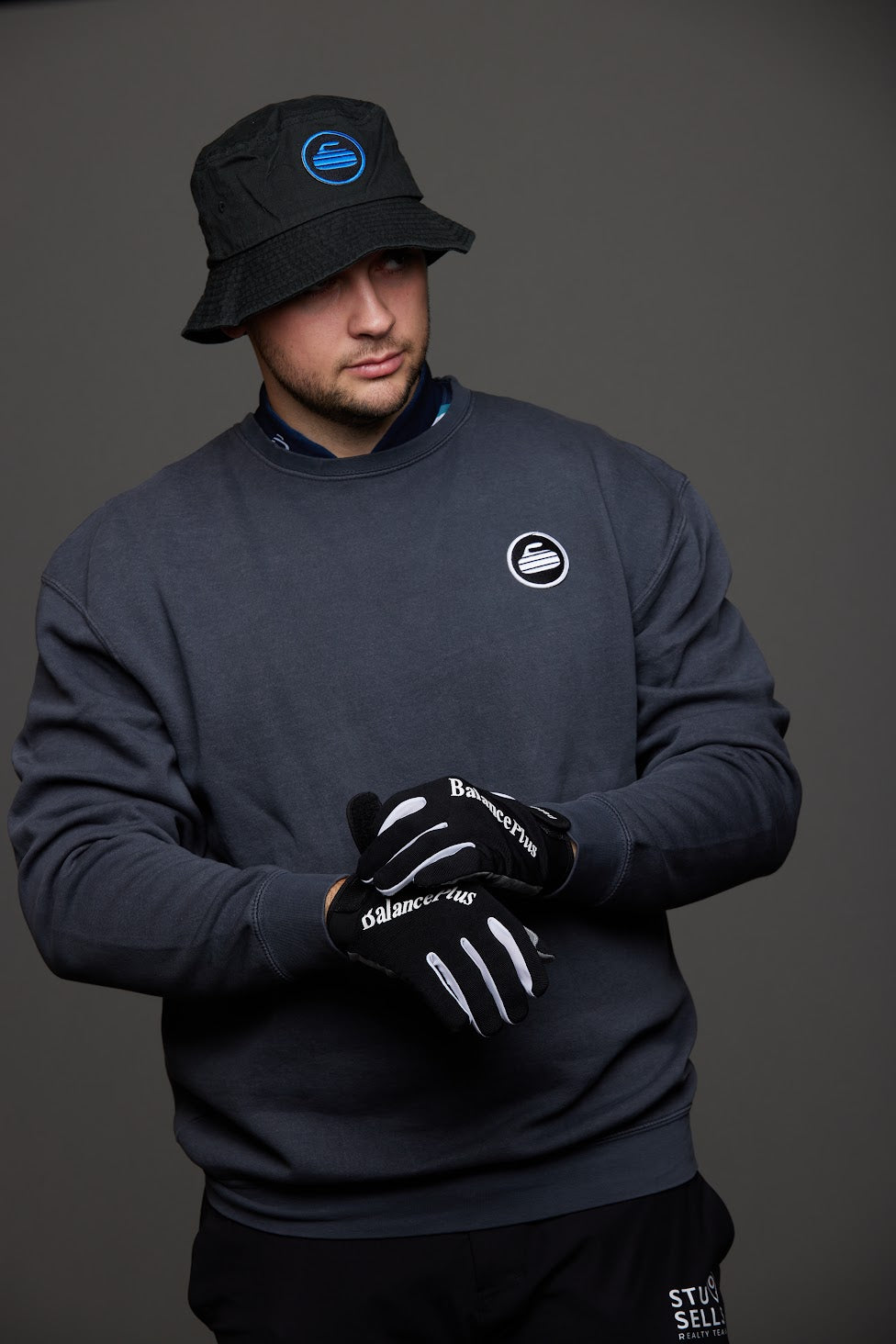 Curling Rock - Washed Black Crewneck Sweater with Patch